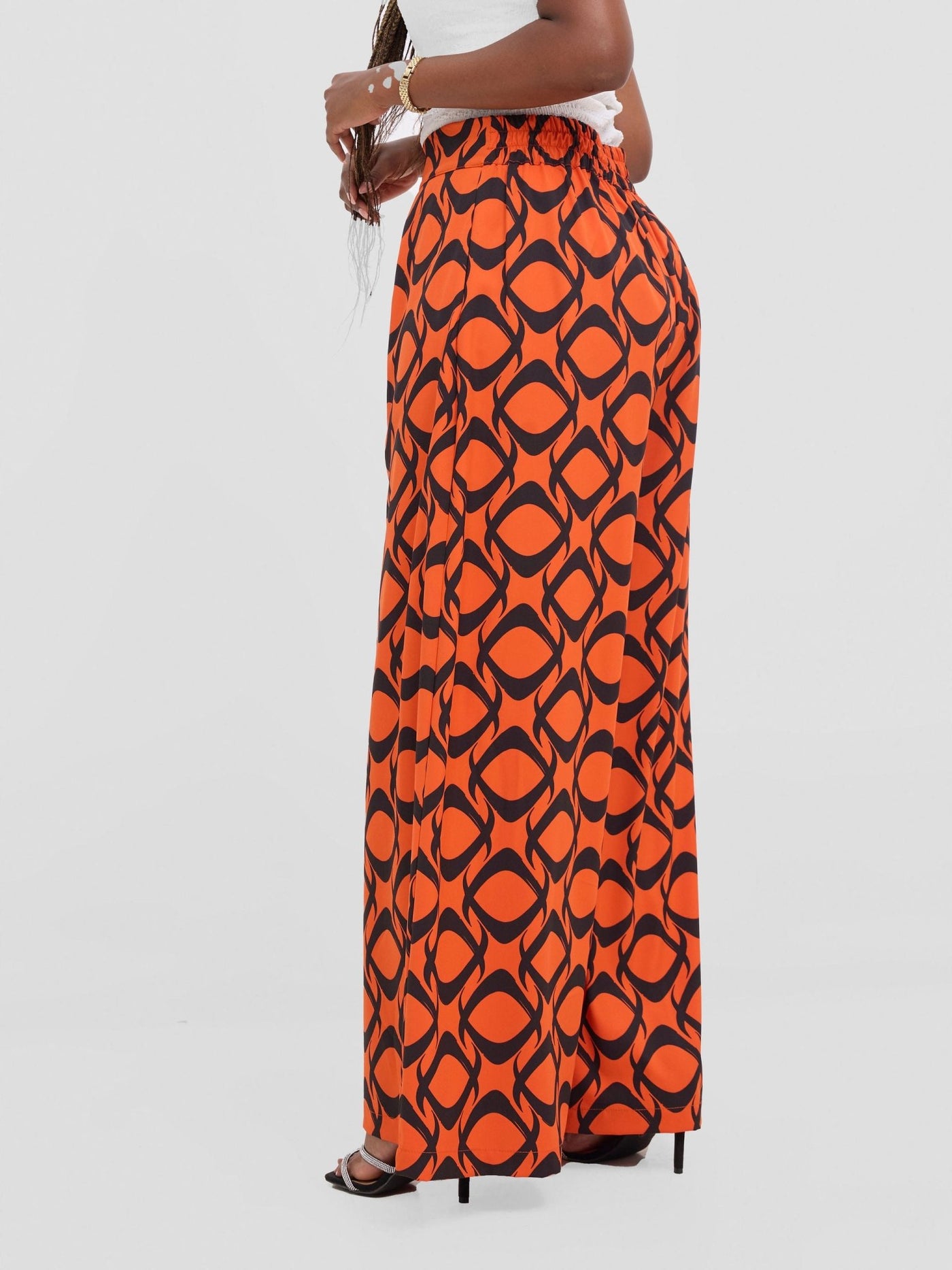 Vivo Basic Crepe Pants - Orange / Black Tiki Print - Shopzetu