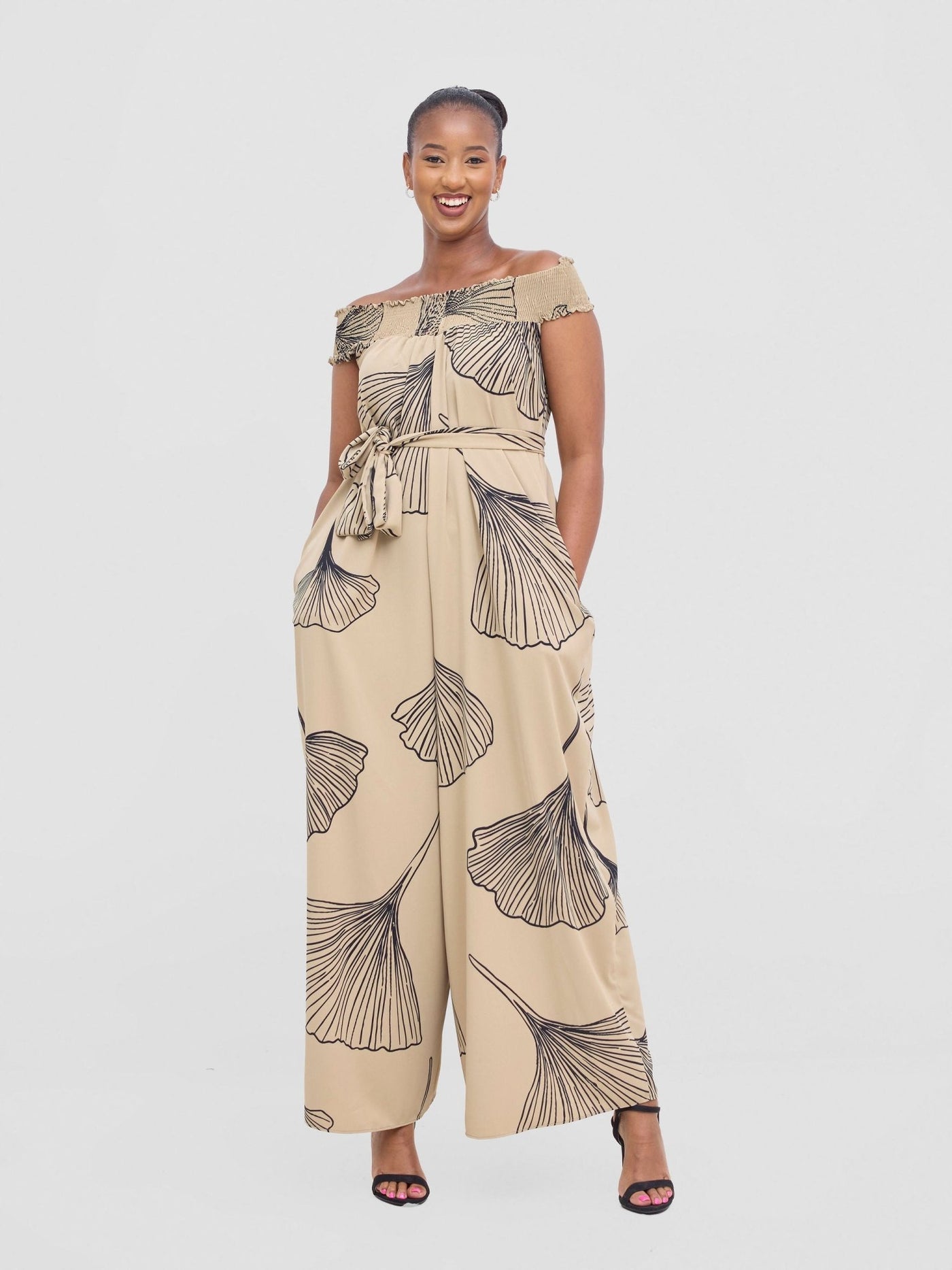 Vivo Alek Shirred Off - Shoulder Jumpsuit - Taupe / Black Haro Print - Shopzetu