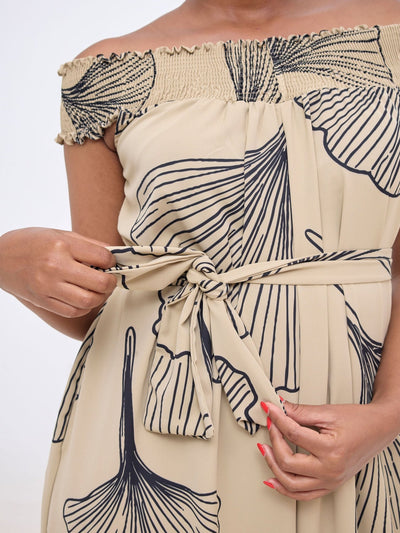 Vivo Alek Shirred Off - Shoulder Jumpsuit - Taupe / Black Haro Print - Shopzetu