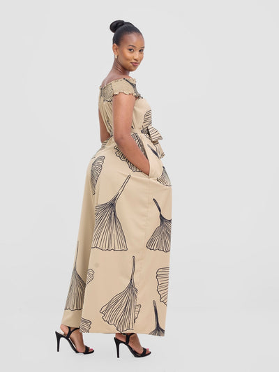 Vivo Alek Shirred Off - Shoulder Jumpsuit - Taupe / Black Haro Print - Shopzetu