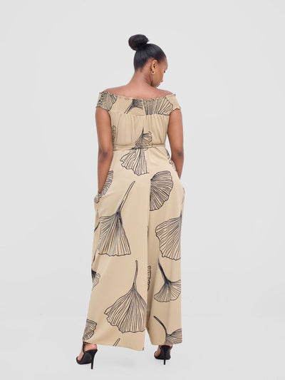 Vivo Alek Shirred Off - Shoulder Jumpsuit - Taupe / Black Haro Print - Shopzetu