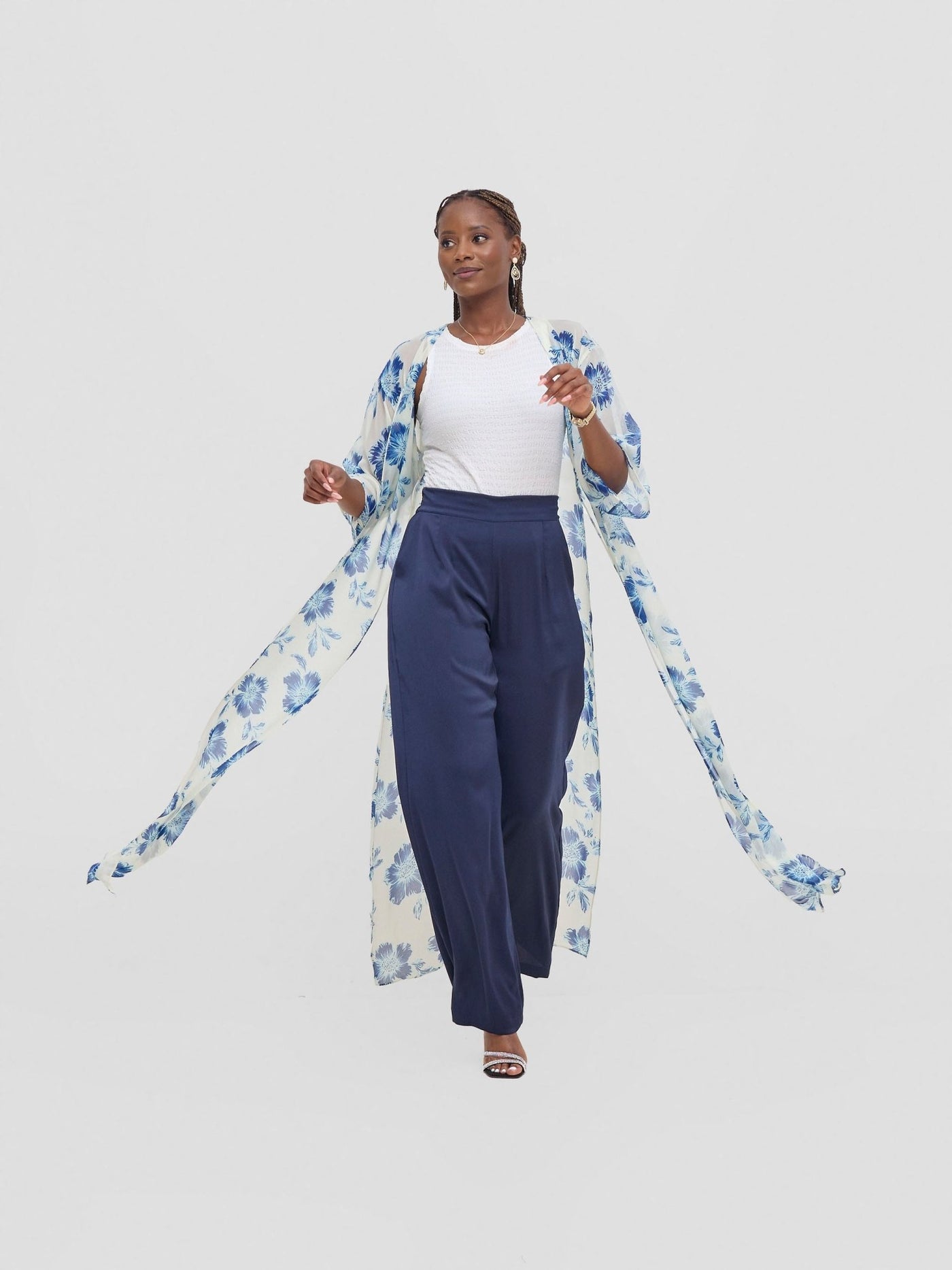 Vivo Basic Nandi High Slit Kimono - Cream / Blue Print - Shopzetu