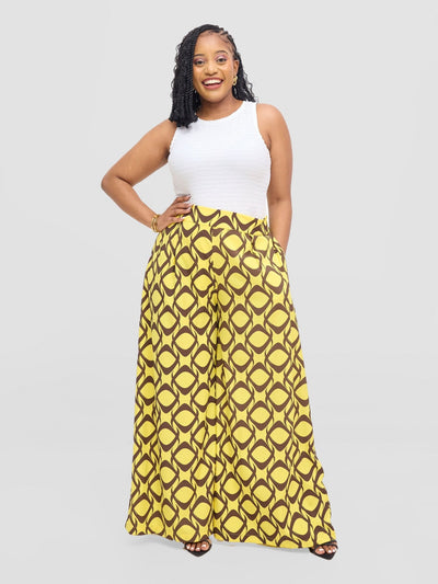 Vivo Basic Crepe Pants - Yellow / Chocolate Tiki Print - Shopzetu