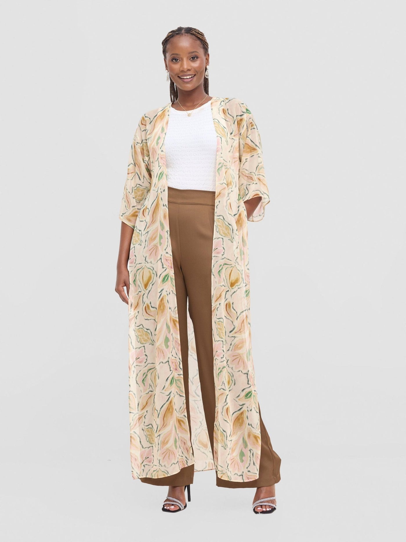 Vivo Basic Nandi High Slit Kimono - Cream / Pink Print - Shopzetu