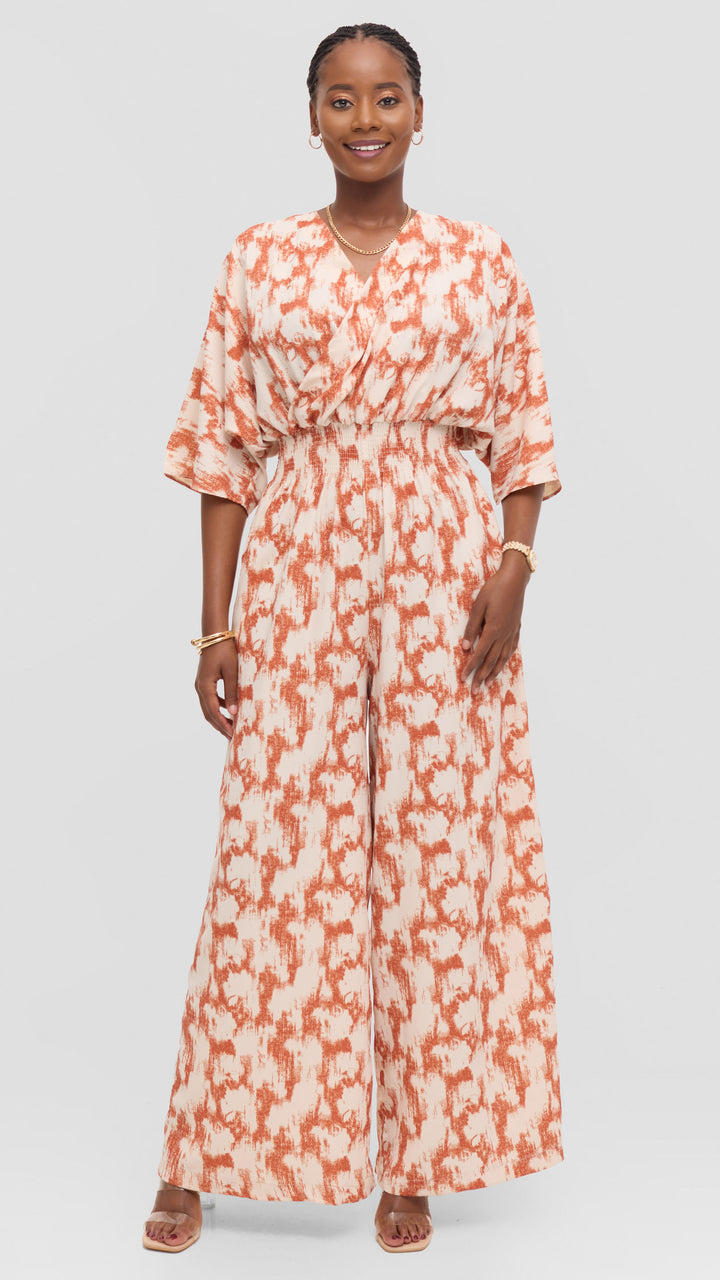 Vivo Iyana Shirred Waist Jumpsuit in Crepe - Cream / Rust Azari Print