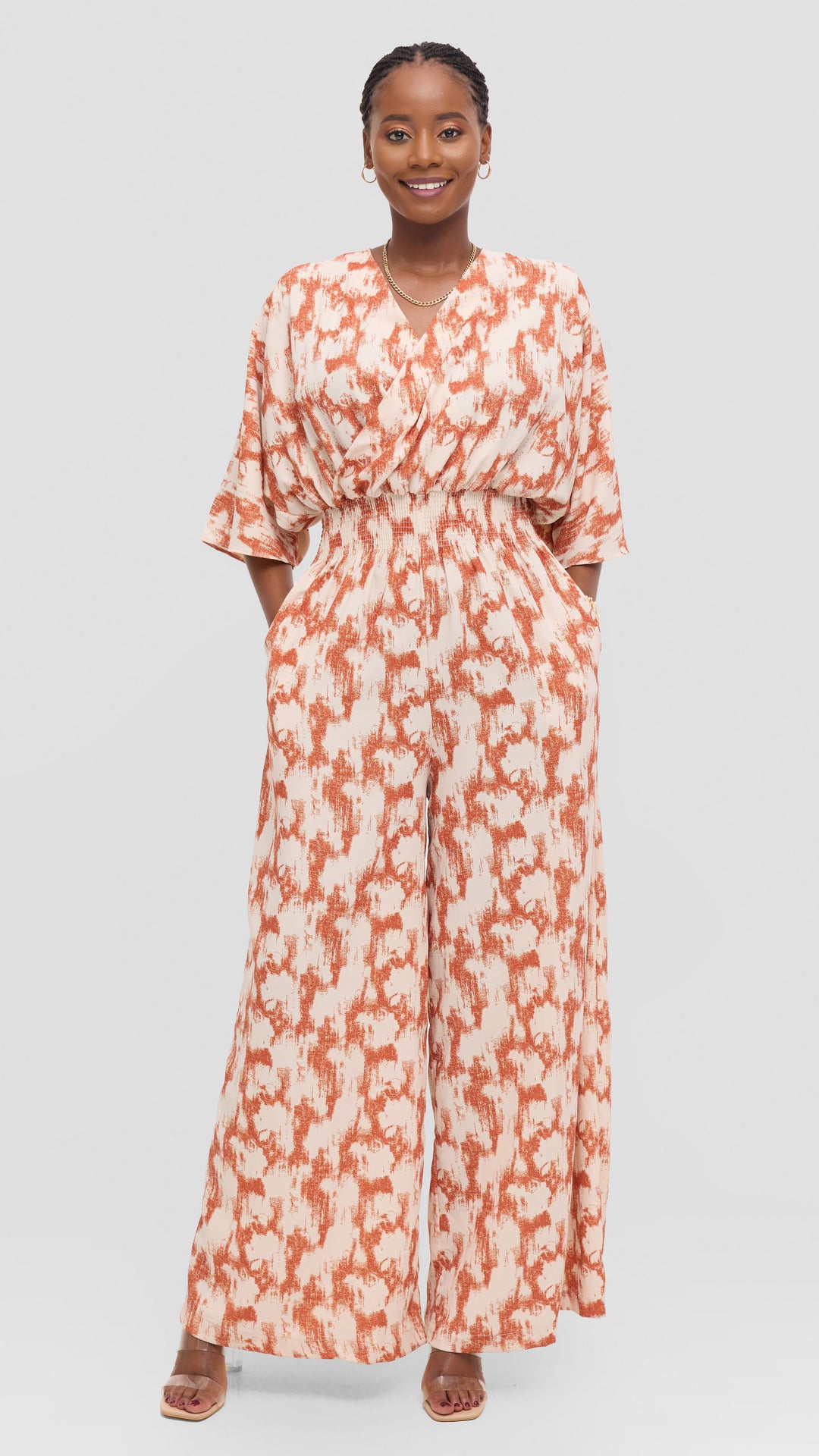 Vivo Iyana Shirred Waist Jumpsuit in Crepe - Cream / Rust Azari Print