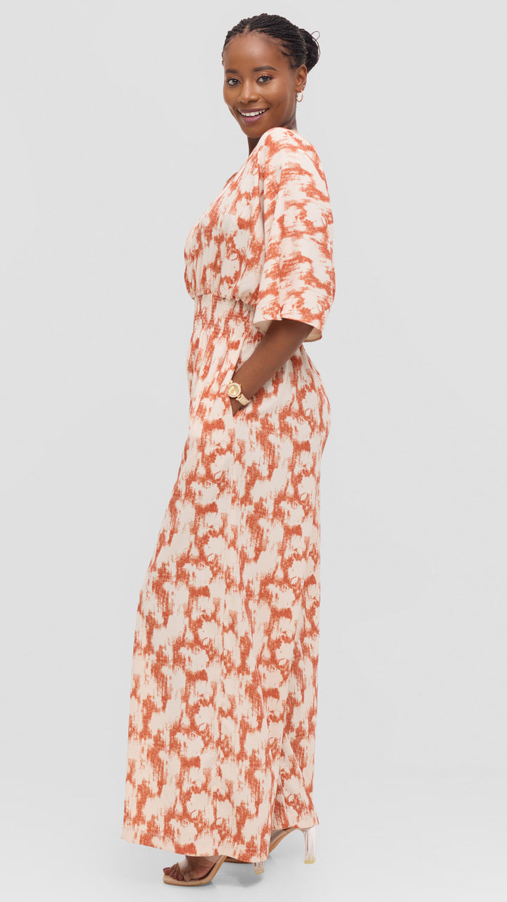 Vivo Iyana Shirred Waist Jumpsuit in Crepe - Cream / Rust Azari Print