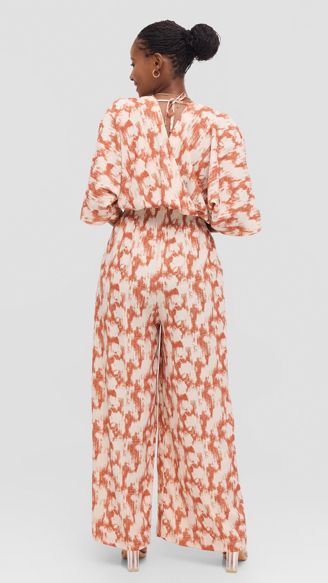 Vivo Iyana Shirred Waist Jumpsuit in Crepe - Cream / Rust Azari Print