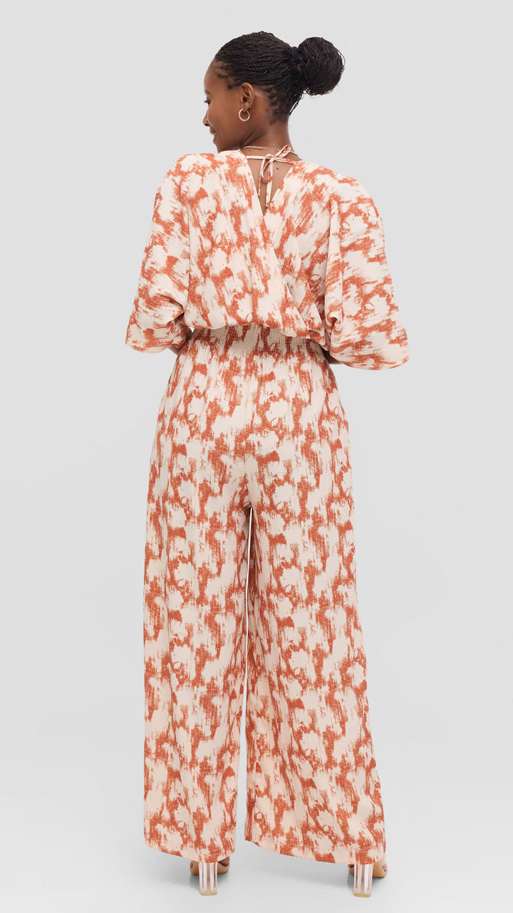 Vivo Iyana Shirred Waist Jumpsuit in Crepe - Cream / Rust Azari Print