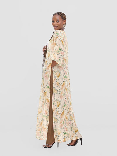 Vivo Basic Nandi High Slit Kimono - Cream / Pink Print - Shopzetu