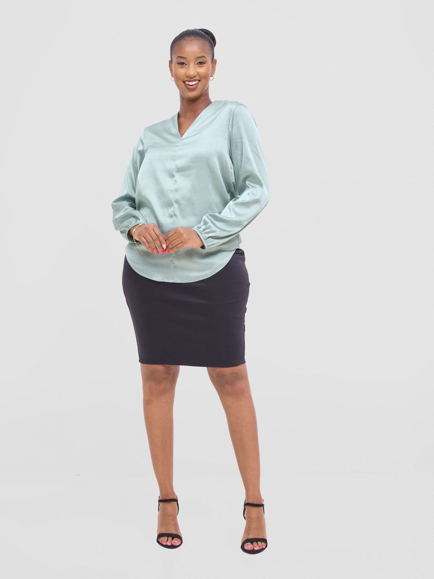 Vivo Dua Satin Bishop Sleeve Top - Dusty Green - Shopzetu