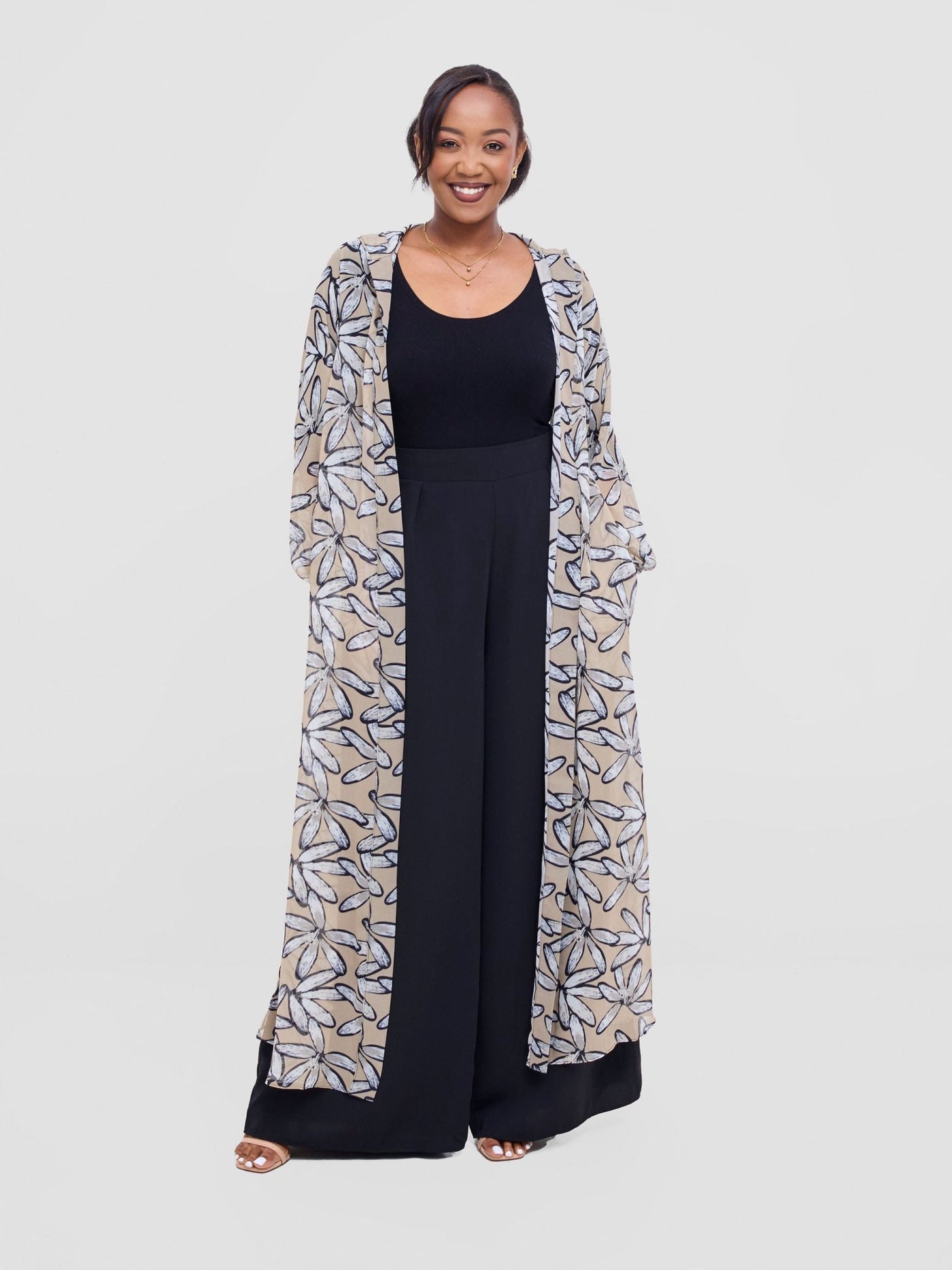 Vivo Basic Hooded Kimono - Black / Cream Print - Shopzetu