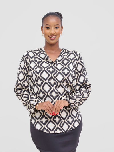 Vivo Dua Satin Bishop Sleeve Top - Beige / Black Ala Print - Shopzetu