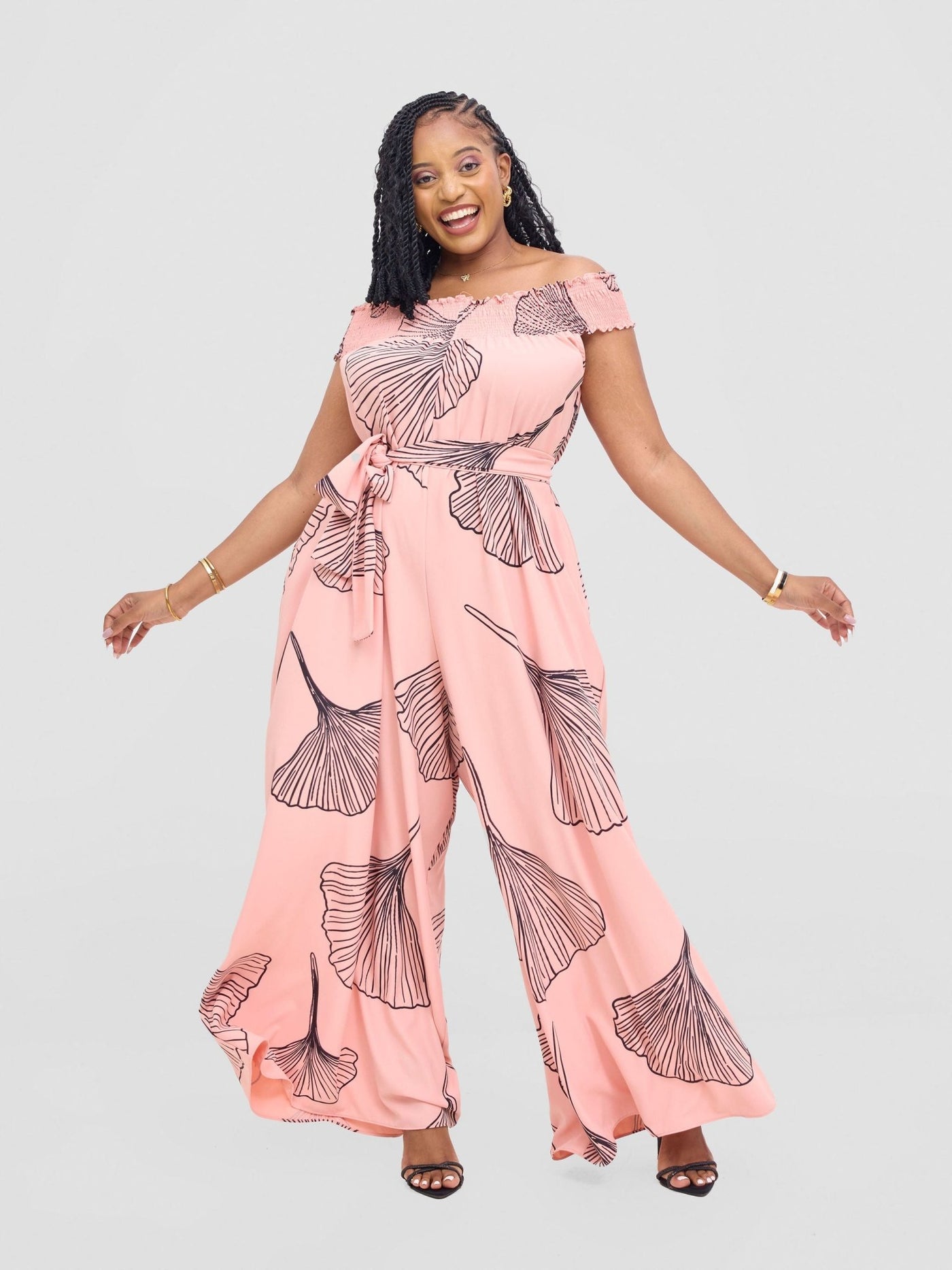 Vivo Alek Shirred Off - Shoulder Jumpsuit - Light Peach / Black Haro Print - Shopzetu