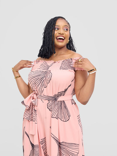 Vivo Alek Shirred Off - Shoulder Jumpsuit - Light Peach / Black Haro Print - Shopzetu