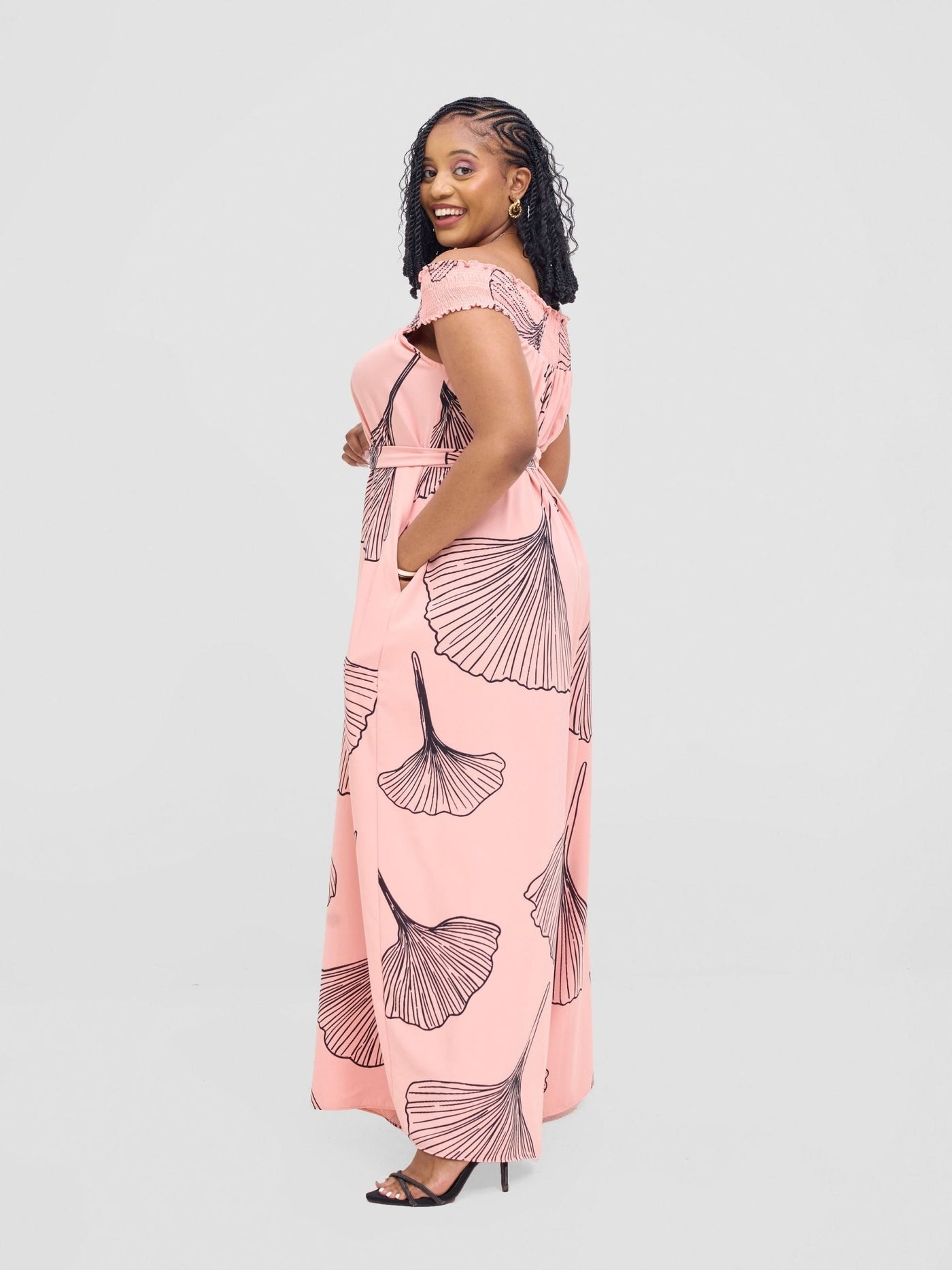 Vivo Alek Shirred Off - Shoulder Jumpsuit - Light Peach / Black Haro Print - Shopzetu