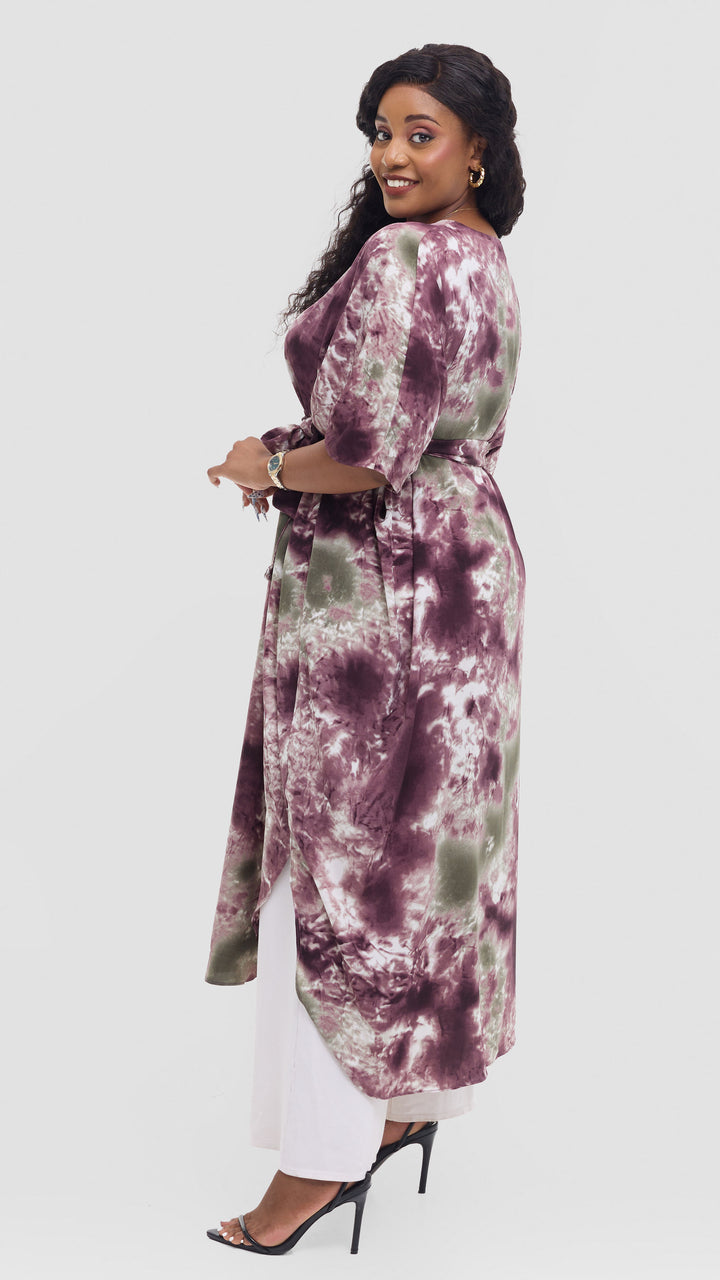 Vivo Scalloped Kimono in Crepe - Mulberry / Cream Print