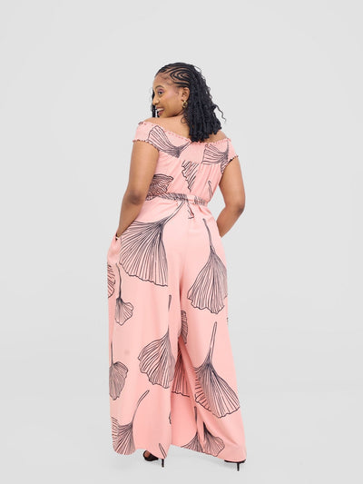 Vivo Alek Shirred Off - Shoulder Jumpsuit - Light Peach / Black Haro Print - Shopzetu