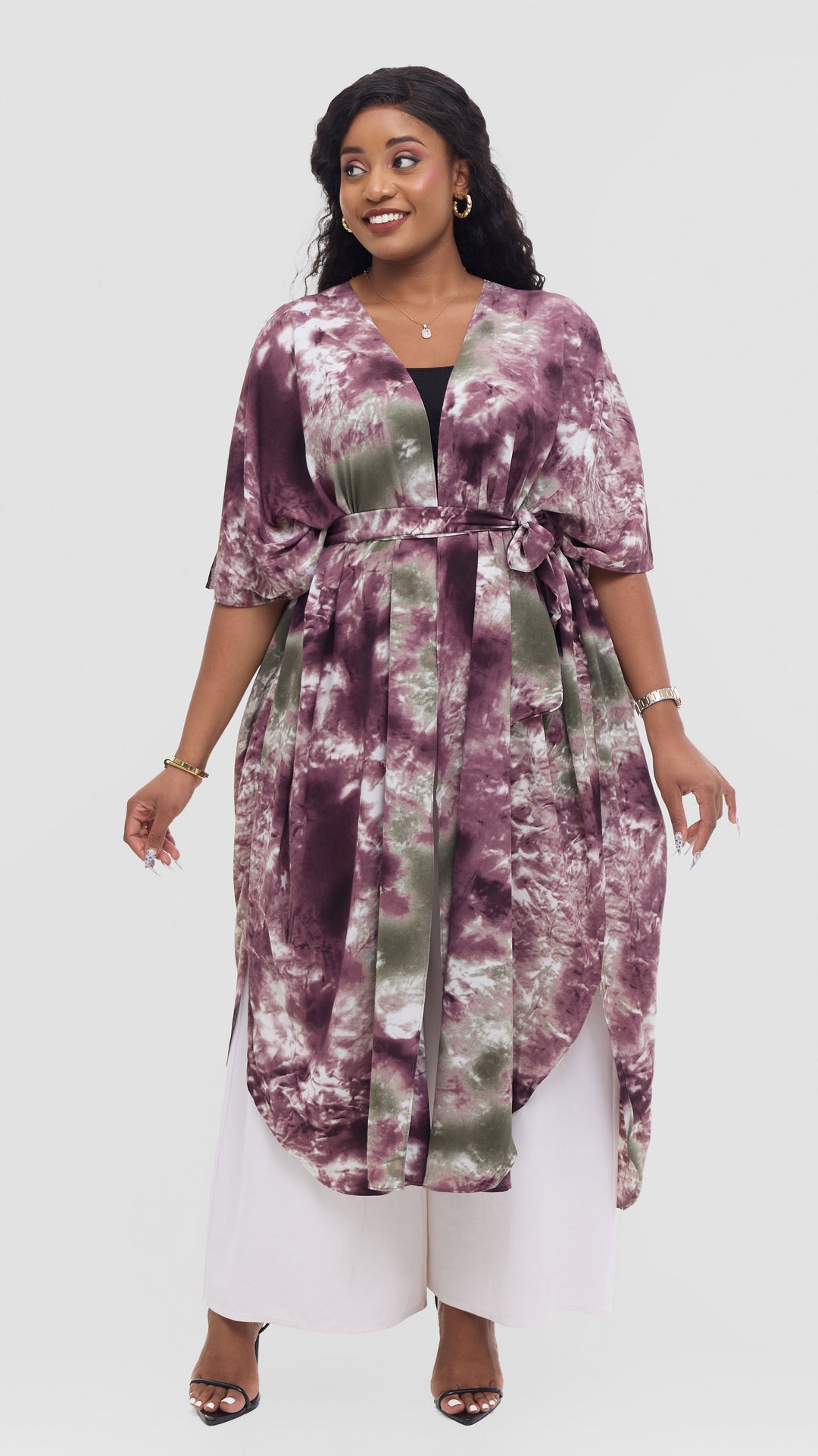 Vivo Scalloped Kimono in Crepe - Mulberry / Cream Print