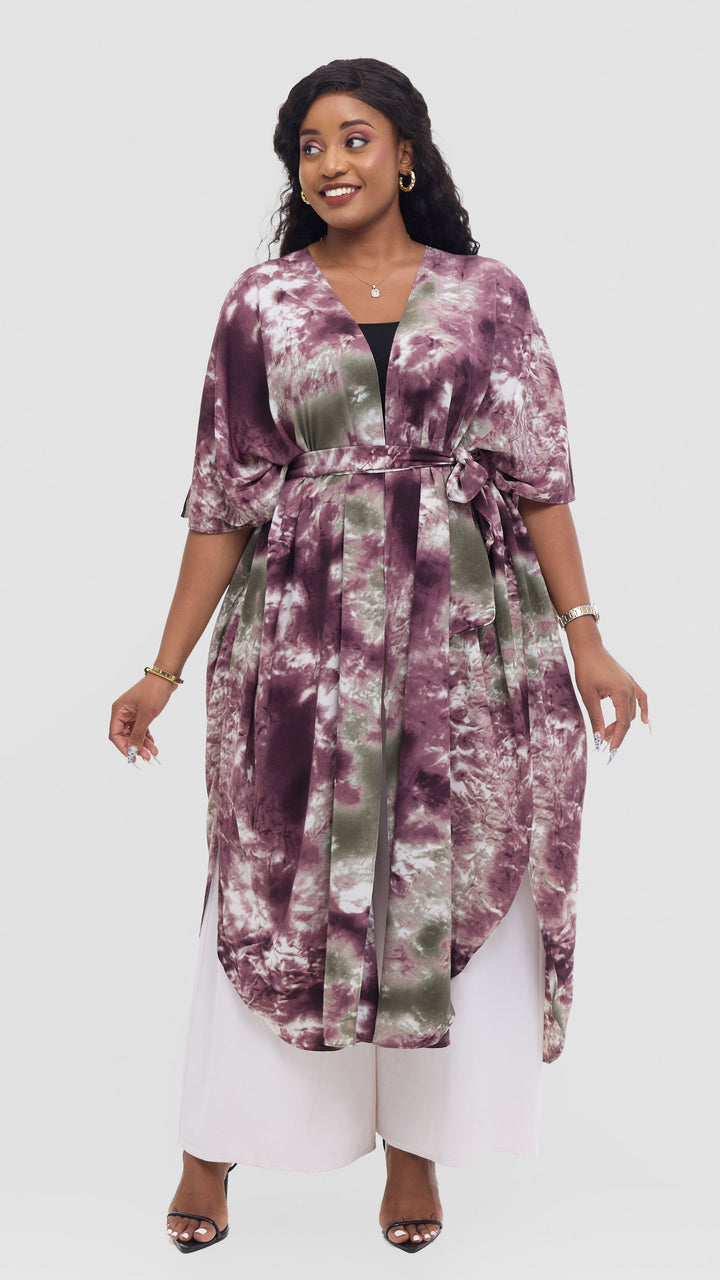 Vivo Scalloped Kimono in Crepe - Mulberry / Cream Print