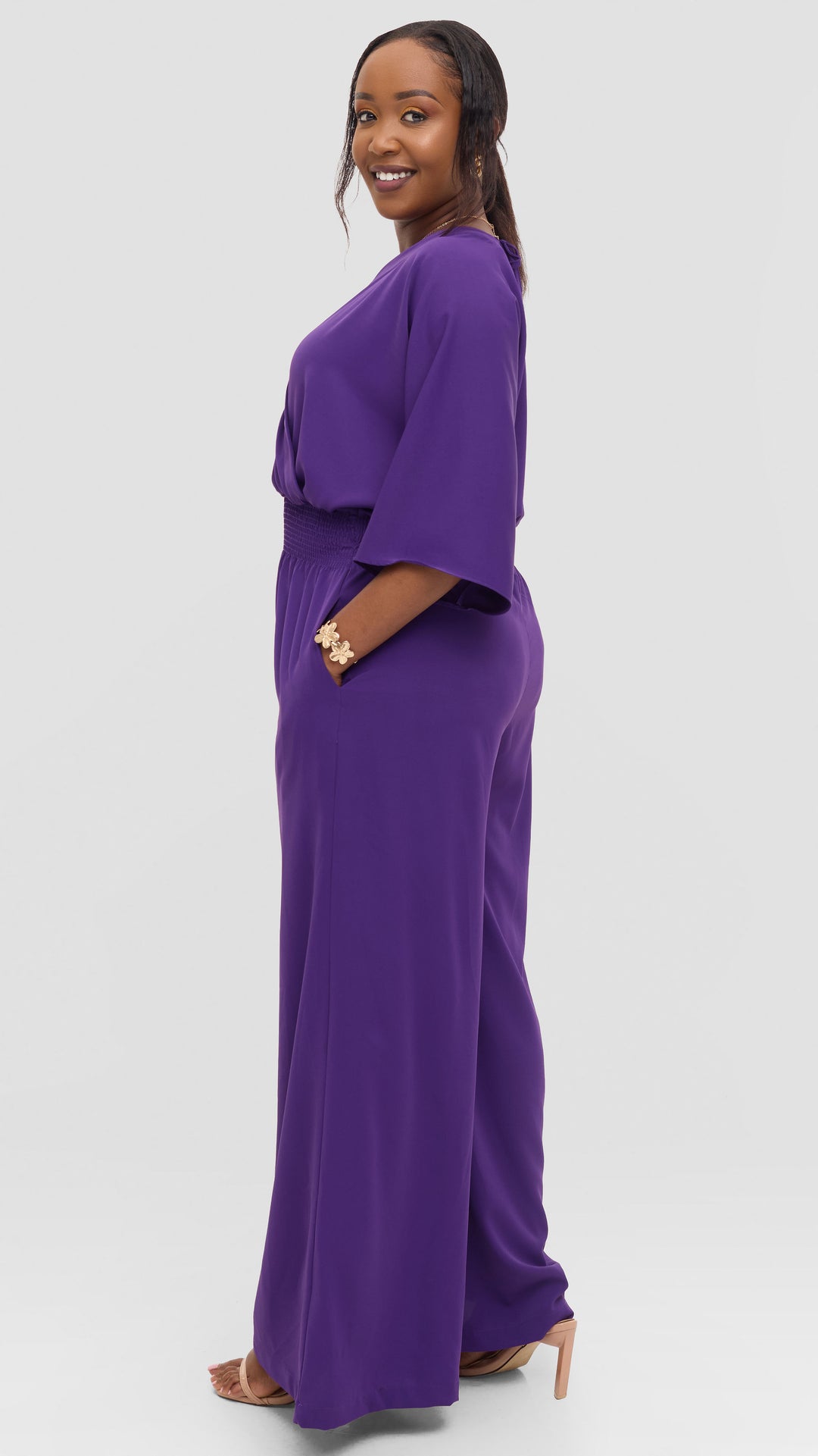 Vivo Iyana Shirred Waist Jumpsuit in Crepe - Dark Purple