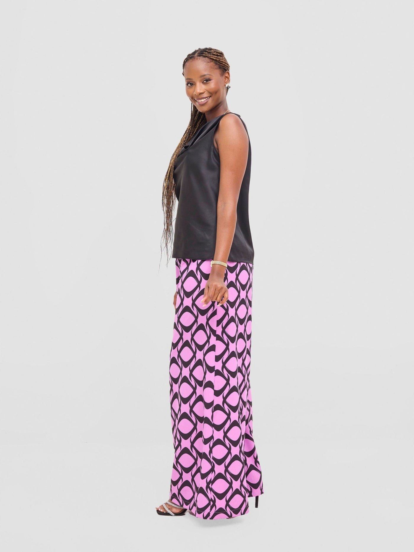 Vivo Basic Crepe Pants - Purple / Black Tiki Print - Shopzetu