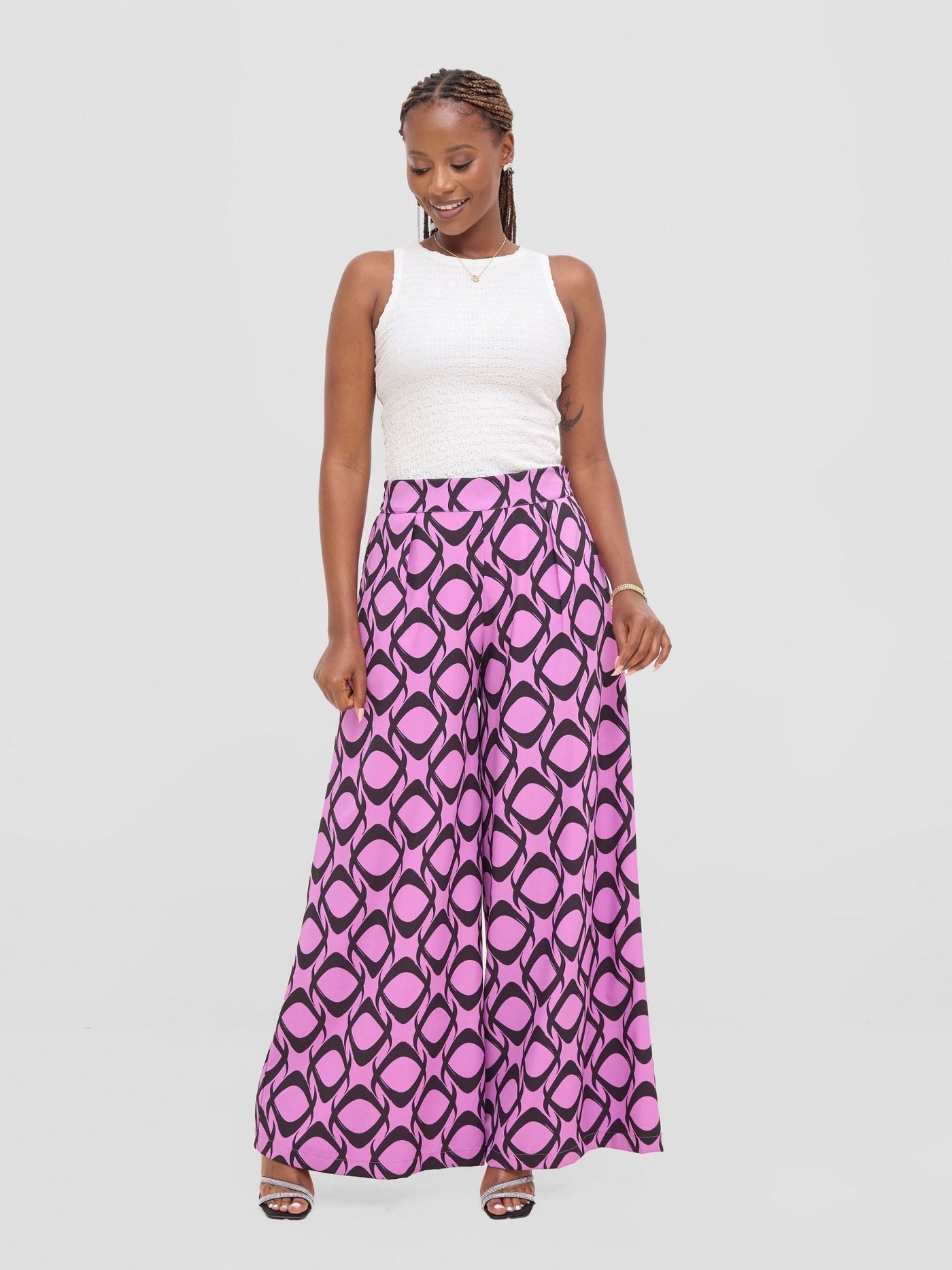 Vivo Basic Crepe Pants - Purple / Black Tiki Print - Shopzetu