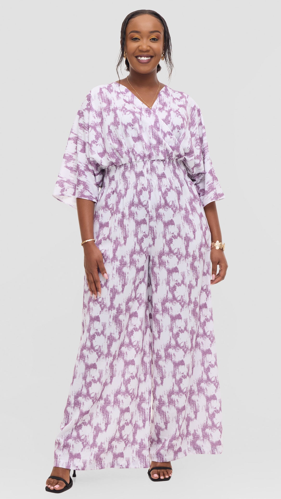 Vivo Iyana Shirred Waist Jumpsuit in Crepe - White / Lilac Azari Print