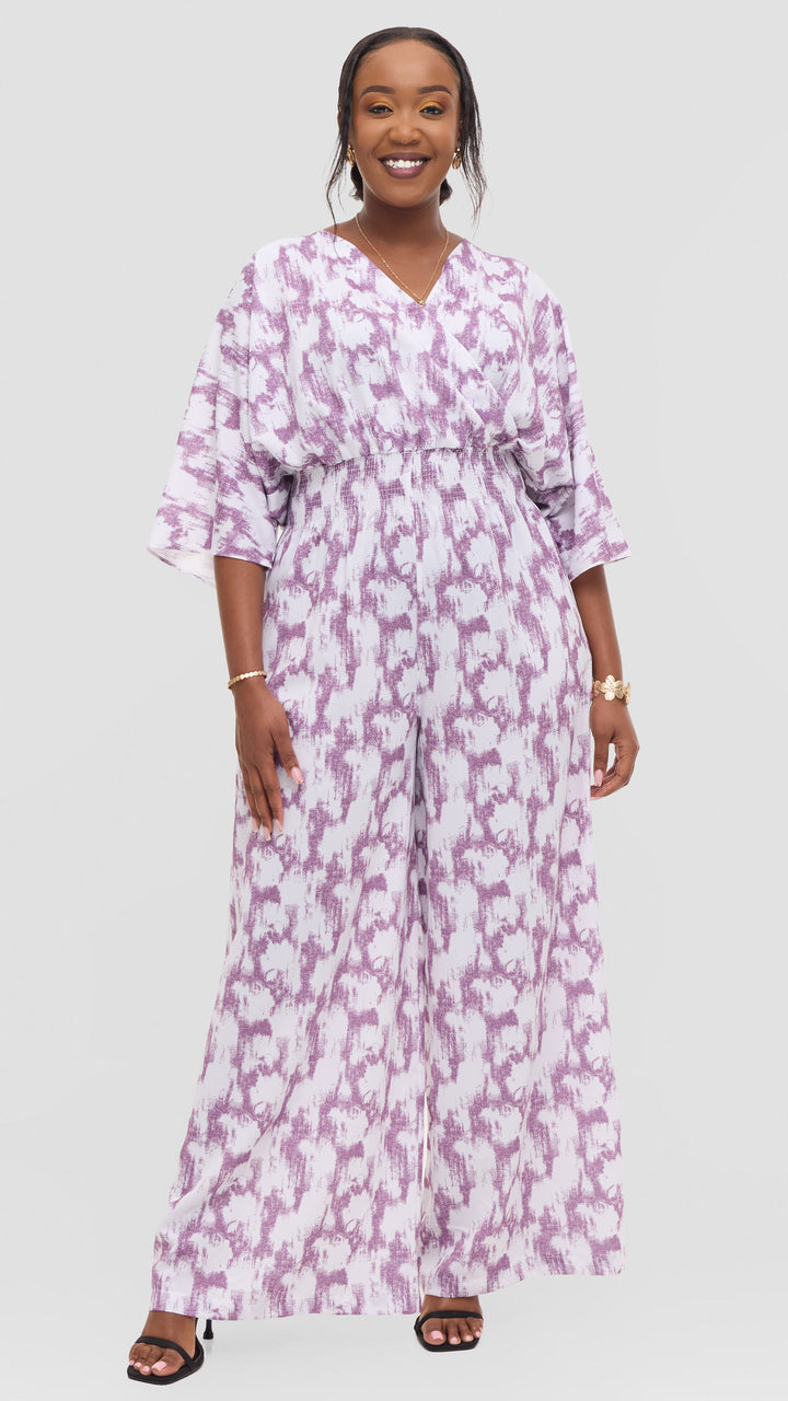 Vivo Iyana Shirred Waist Jumpsuit in Crepe - White / Lilac Azari Print