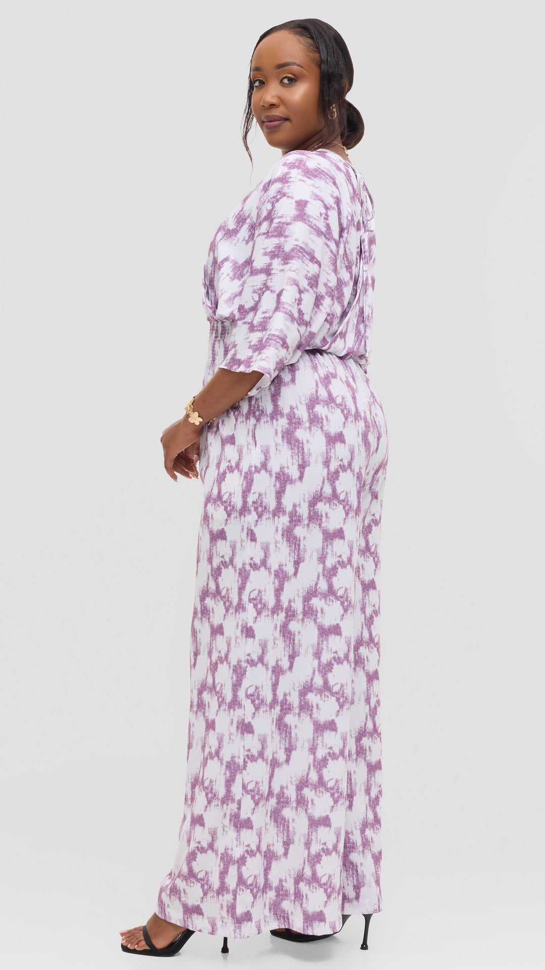 Vivo Iyana Shirred Waist Jumpsuit in Crepe - White / Lilac Azari Print