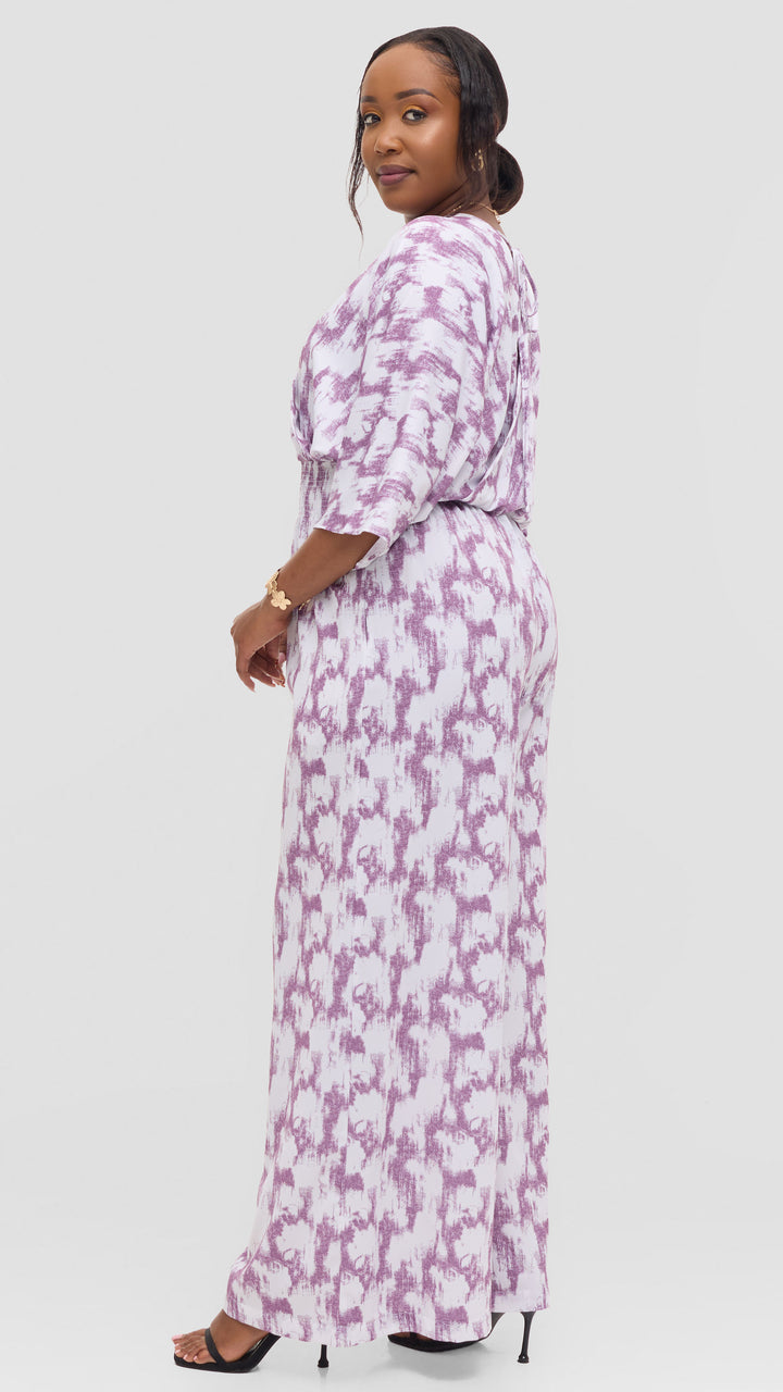 Vivo Iyana Shirred Waist Jumpsuit in Crepe - White / Lilac Azari Print