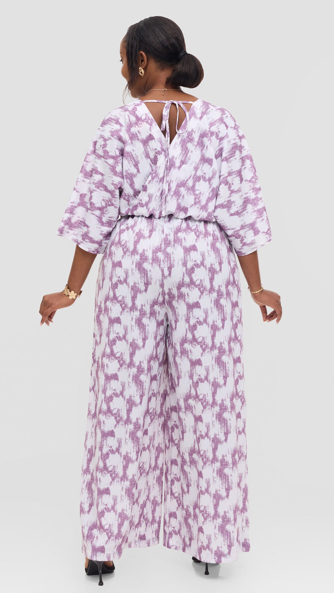 Vivo Iyana Shirred Waist Jumpsuit in Crepe - White / Lilac Azari Print