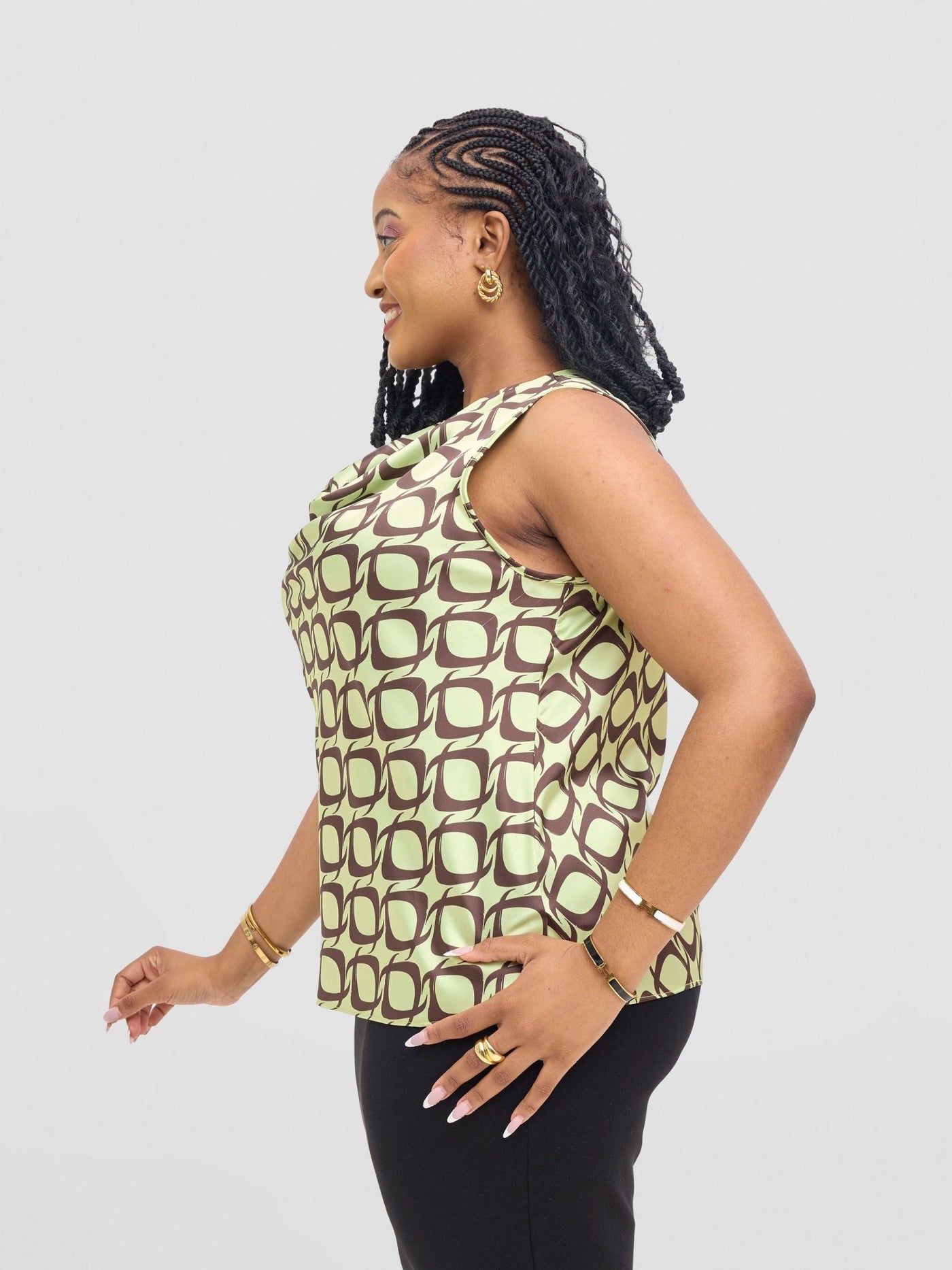 Vivo Isabi Cowl Top - Lime / Chocolate Tiki Print - Shopzetu