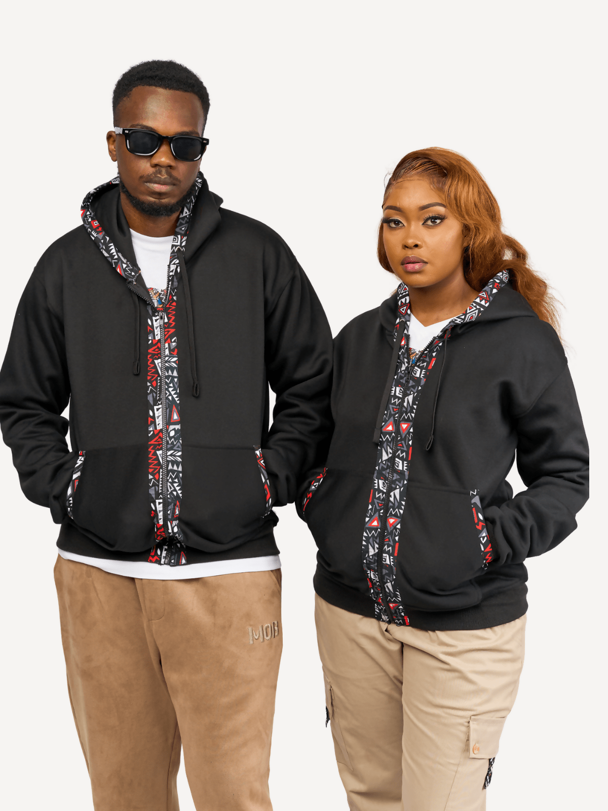 Kitu Kali Zipper With Red And Grey Stripes Hoodie - Black - Shopzetu
