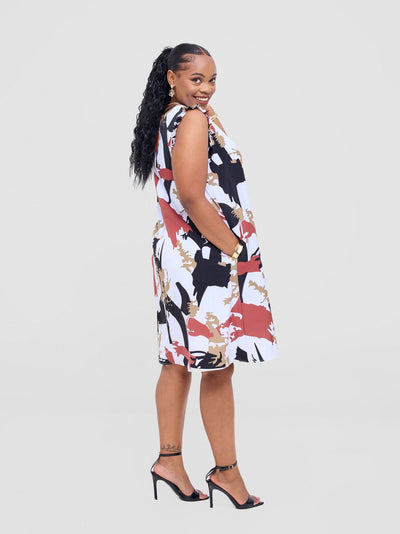Vivo Ava Tent Knee Length Dress - White / Rust Abasi Print - Shopzetu
