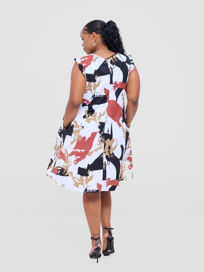 Vivo Ava Tent Knee Length Dress - White / Rust Abasi Print - Shopzetu