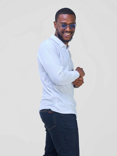 Long Sleeved Polo T/Shirt - White - Shopzetu