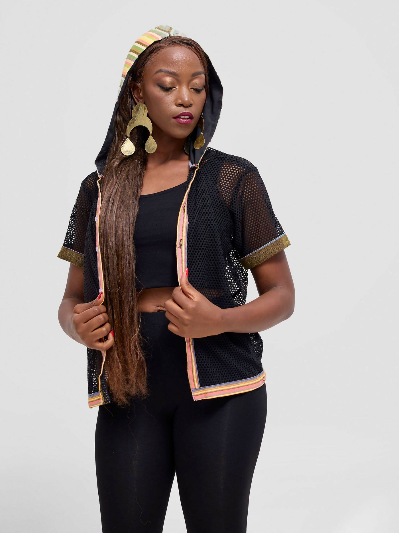 Liquid Lemn Limau Meshed With Hoodie Top – Brown - Shopzetu