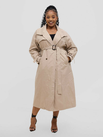 Hessed Double Breasted Buttoned & Belt Trench Coat - Beige - Shopzetu