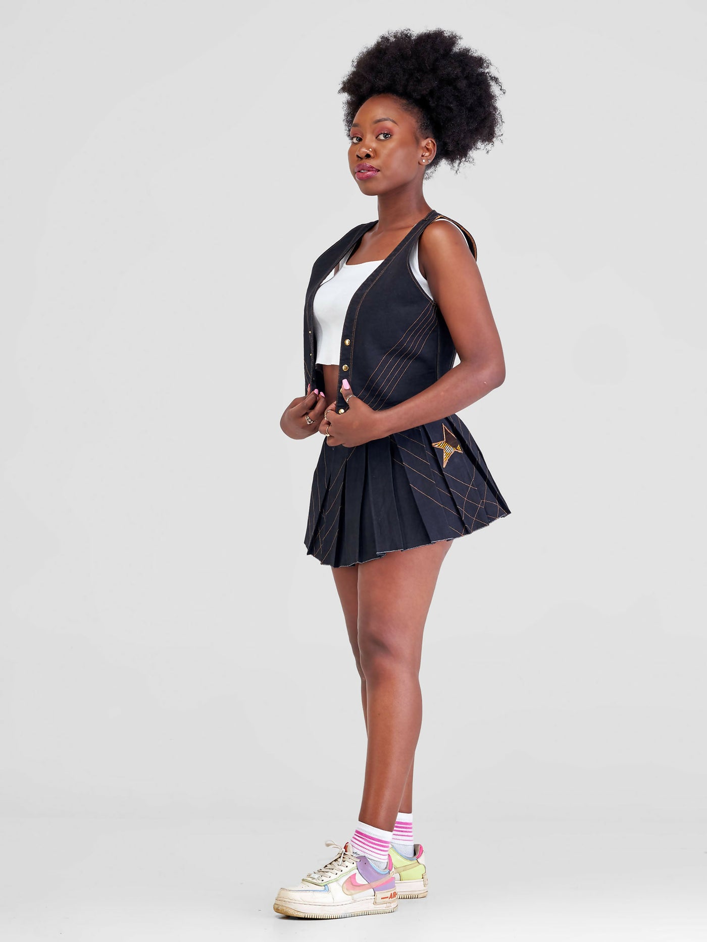 Afristar By Joyleen Mini Pleated Skirt & Waistcoat Combo - Black