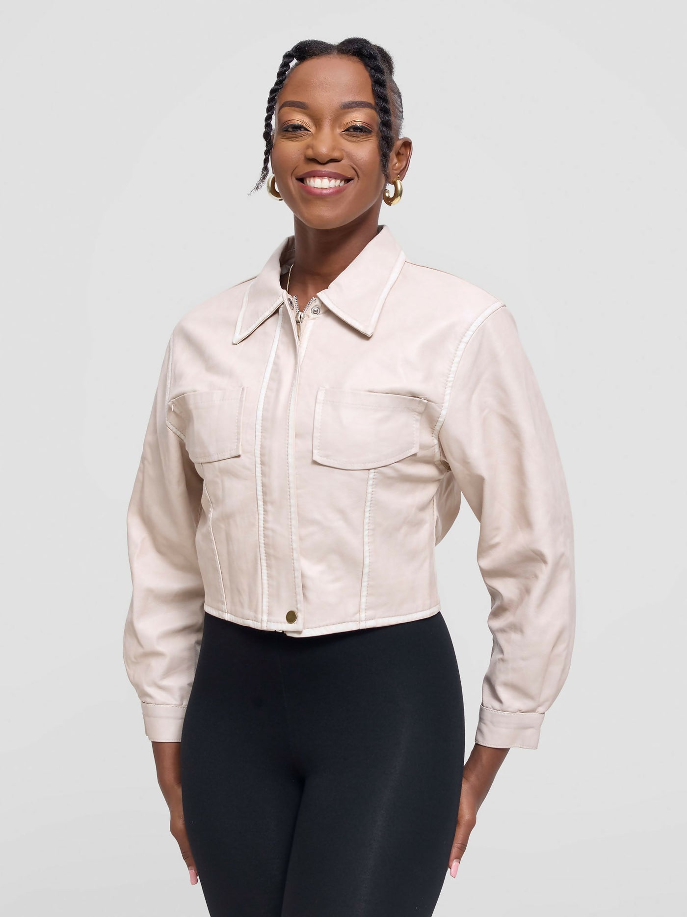 Stylish Sisters Leather Jacket - Cream - Shopzetu