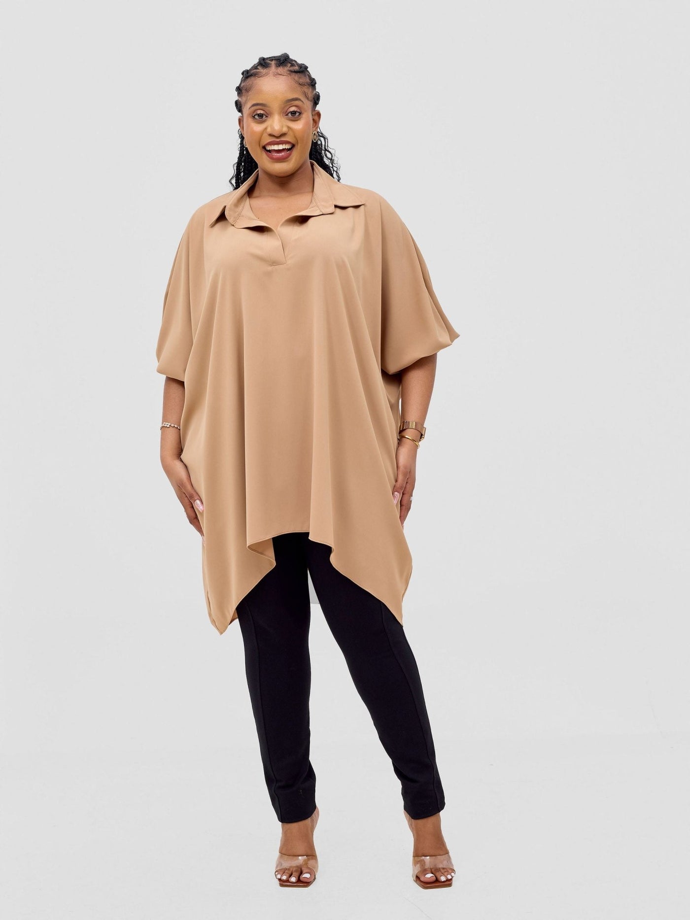 Vivo Ava Shirt Collar Tunic Top - Light Tan - Shopzetu