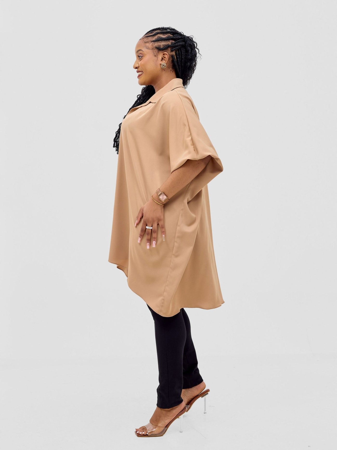 Vivo Ava Shirt Collar Tunic Top - Light Tan - Shopzetu