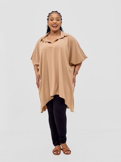 Vivo Ava Shirt Collar Tunic Top - Light Tan - Shopzetu