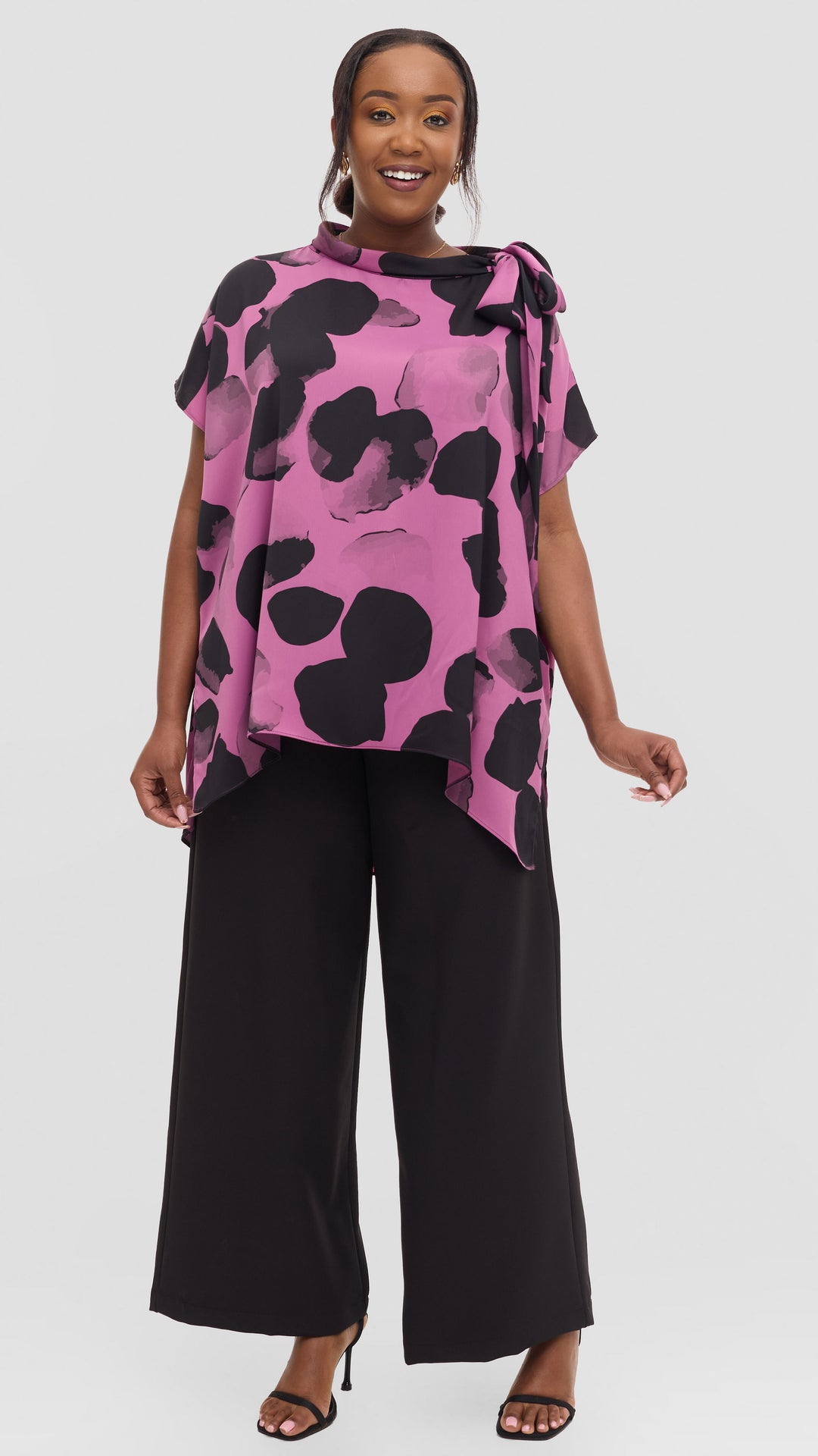Vivo Takali Tunic Top in Satin - Lilac / Black Arisi Print