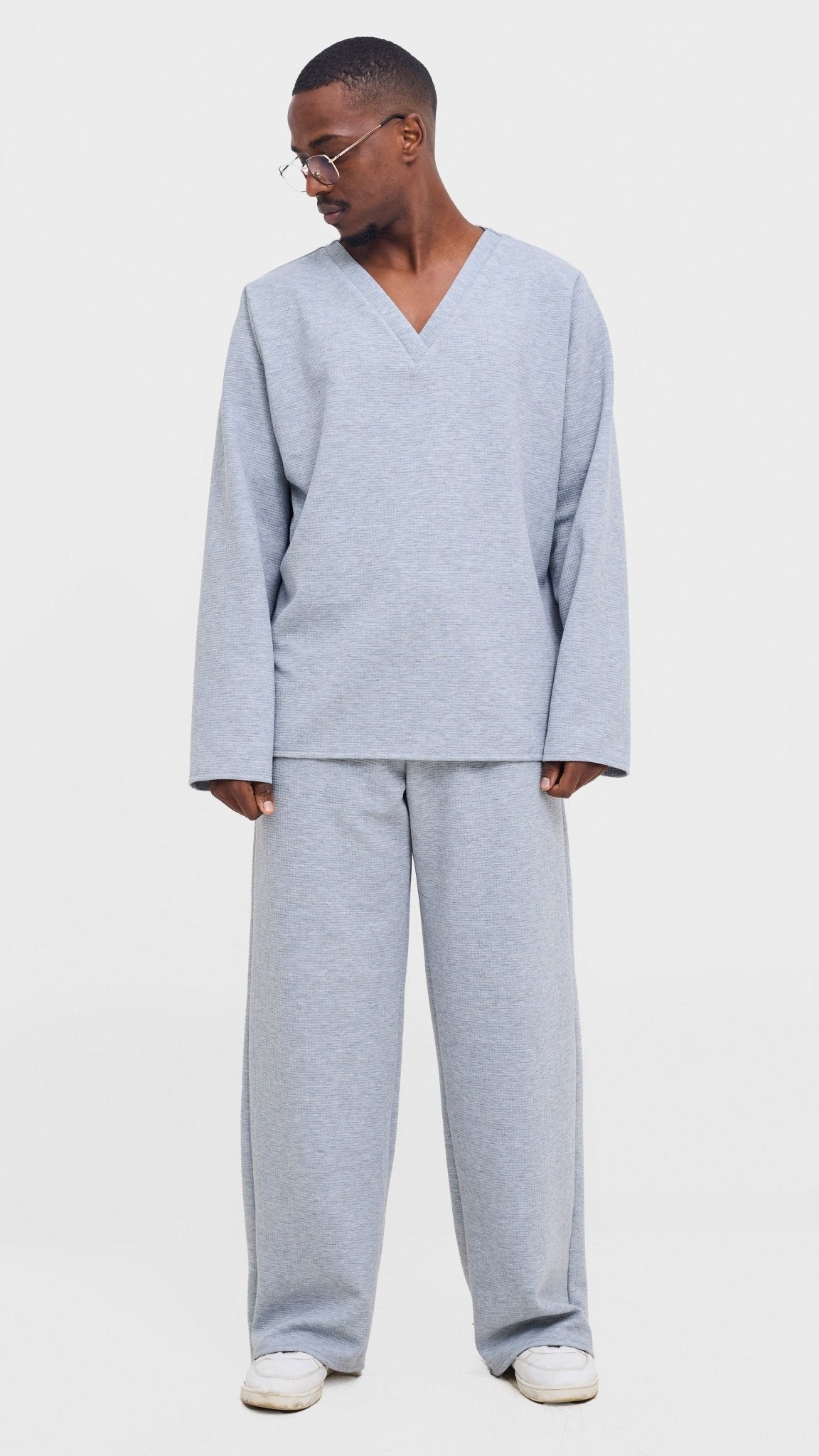 Shiv & Shikie X Safari V - Neck Long Sleeve T-shirt - Light Grey - Shopzetu