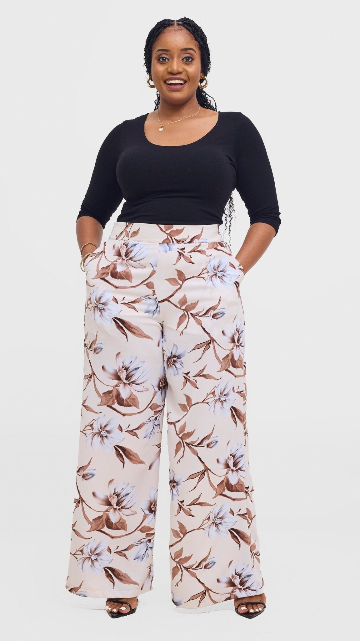 Vivo Maisha Top & Pant Set - Cream / Brown Print - Shopzetu