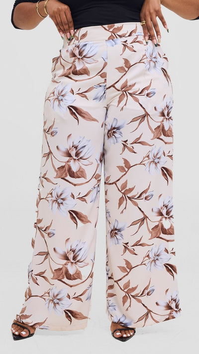 Vivo Maisha Top & Pant Set - Cream / Brown Print - Shopzetu