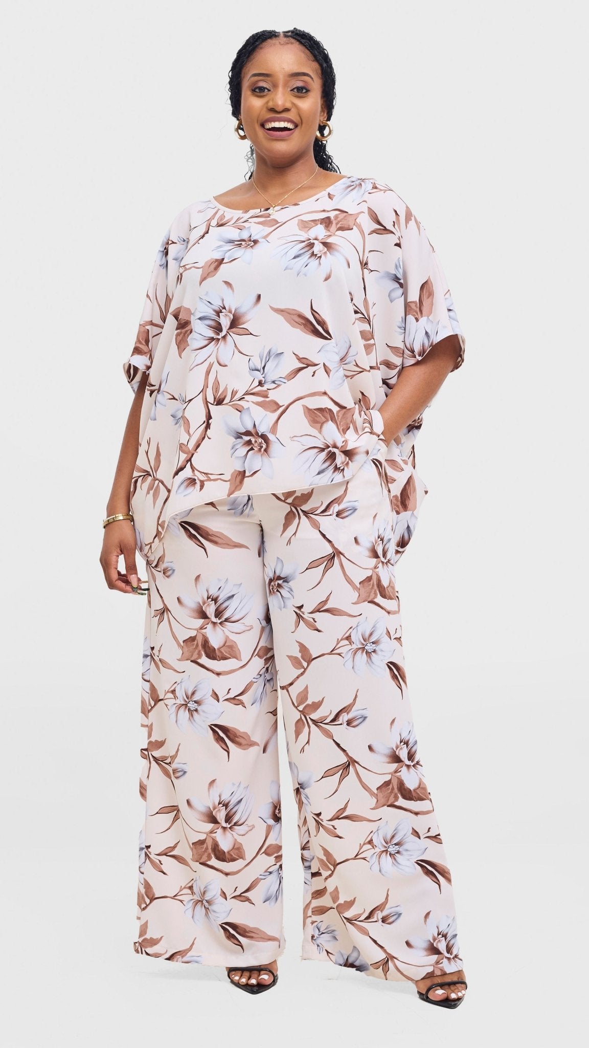 Vivo Maisha Top & Pant Set - Cream / Brown Print - Shopzetu