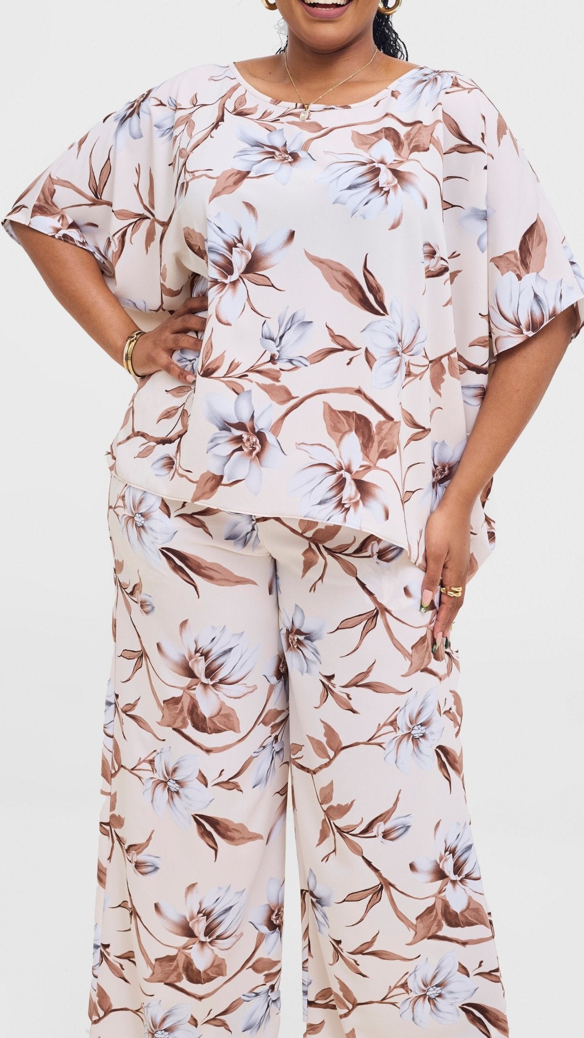 Vivo Maisha Top & Pant Set - Cream / Brown Print - Shopzetu